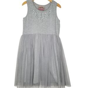 Beautees Rhinestone Skater Heather Grey Dress w/ Tulle Overlay, Girls Size: 6X